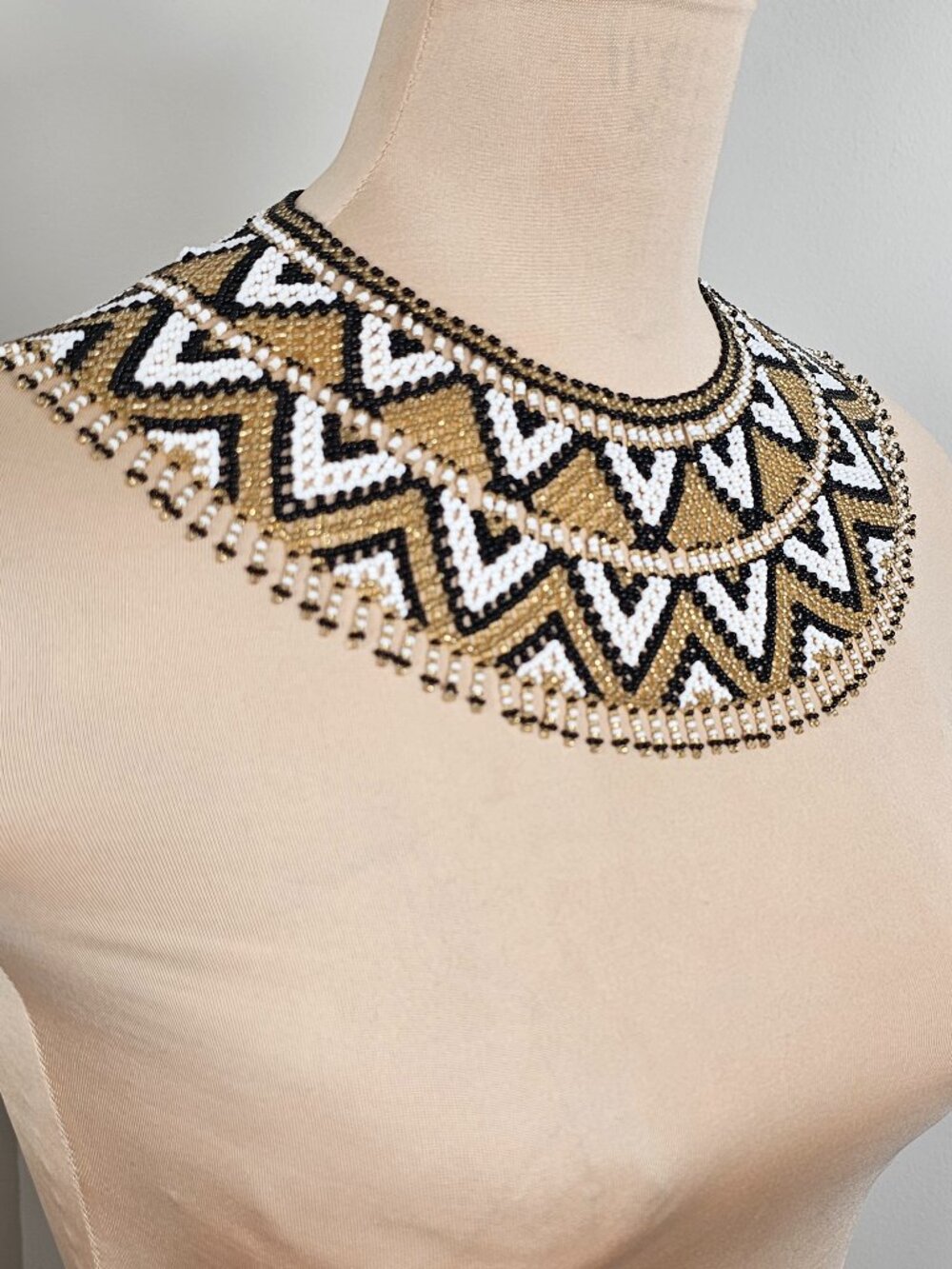 Handmade Black White Gold Geometric Beaded Collar Necklace NWOT